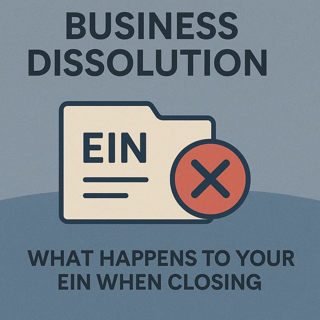 Business dissolution EIN handling guide showing federal tax ID closure process and IRS account termination procedures for closing businesses